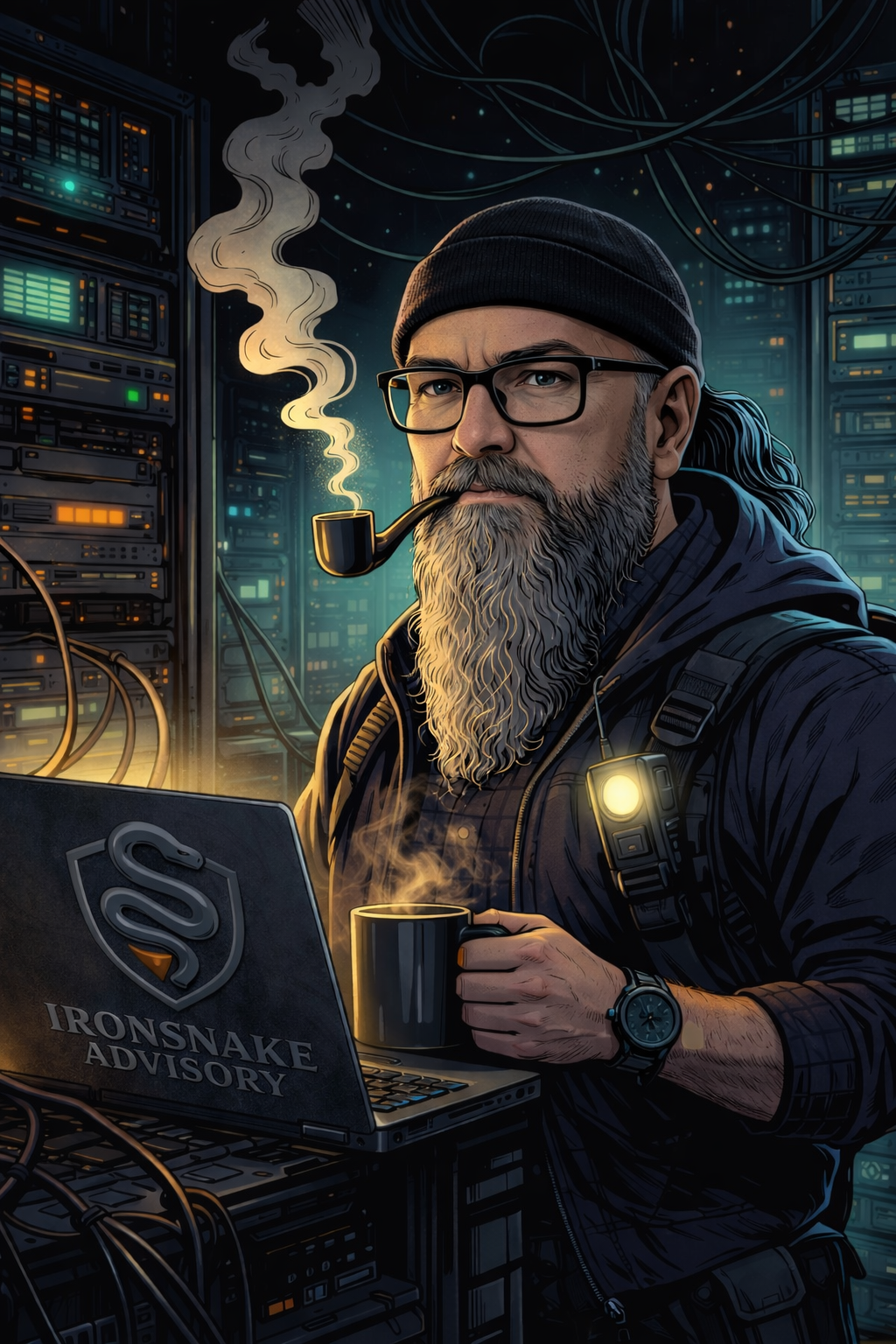 Admin mit Pfeife im Serverraum – Tech-Noir Comicstil